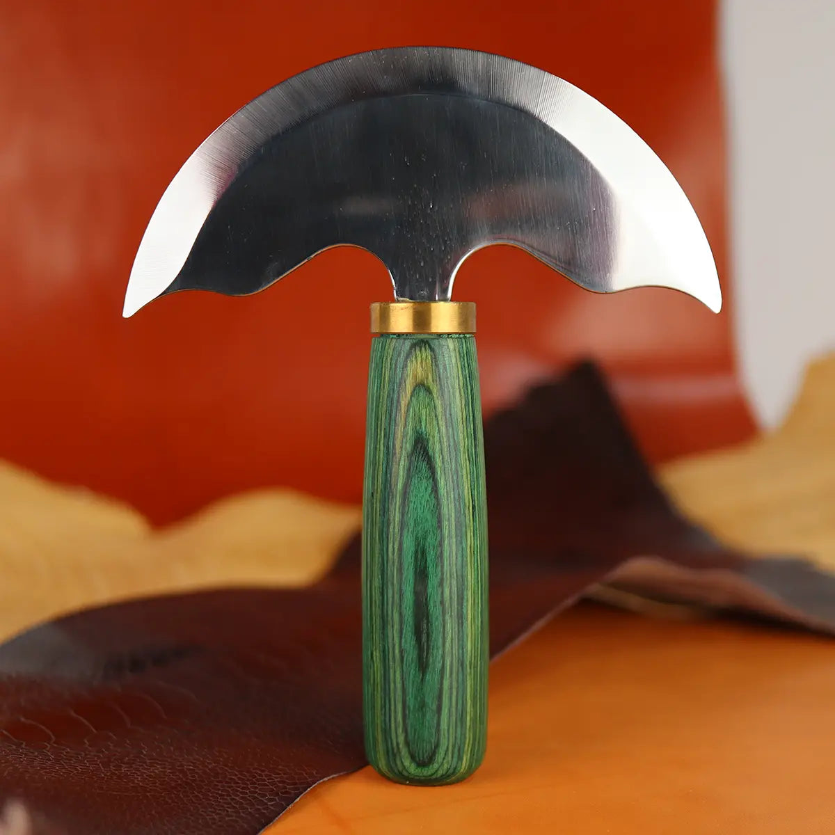Green Handled Round Head Knife for Skiving Leather.
