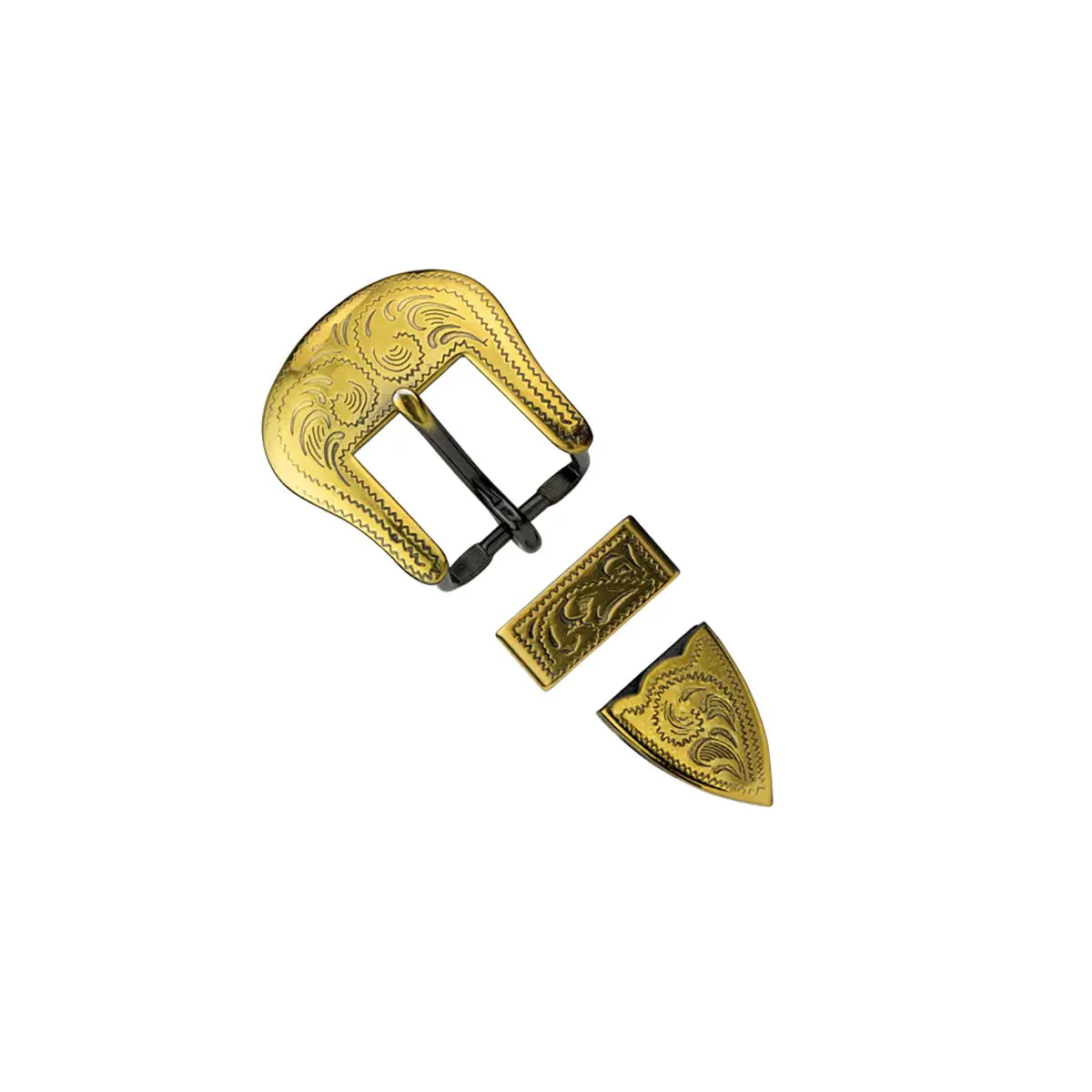 Antique Brass Engraved 3 Piece Buckle Set 7/8 Inch.