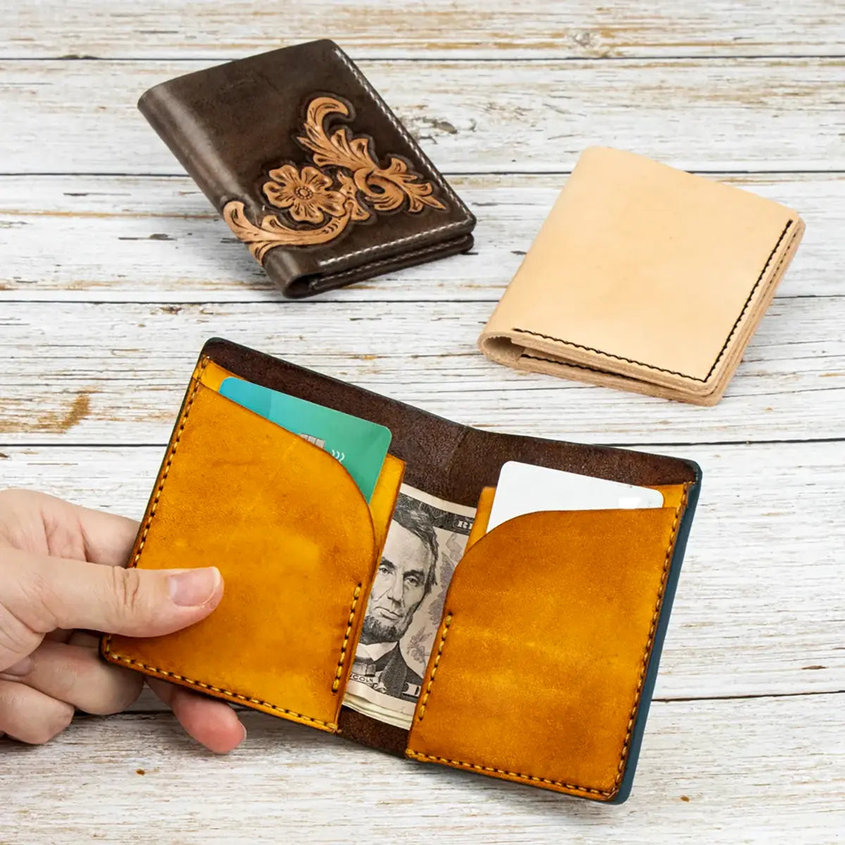 MakerAid Slim and Trim Leather Bifold Wallet Beginner Kit.