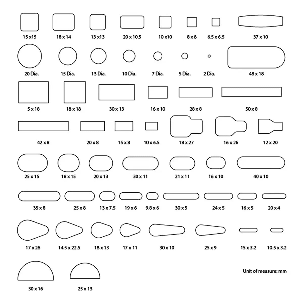 Economy Punch Die 55 Pcs Set Size Chart.