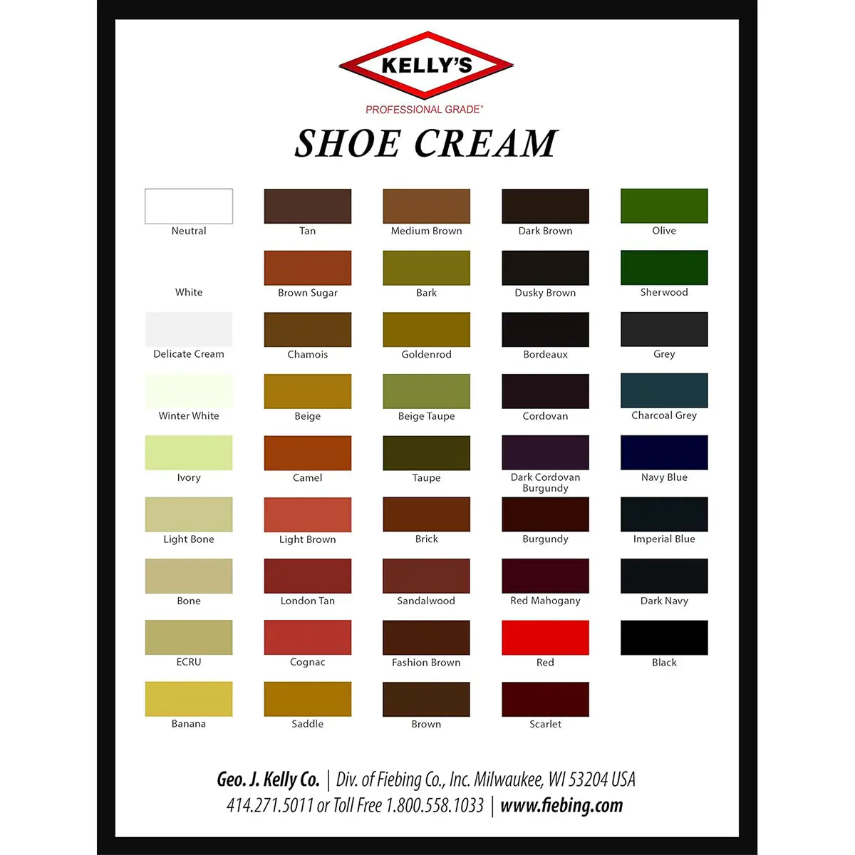 Kelly's Professional Grade Shoe Cream Color Chart.