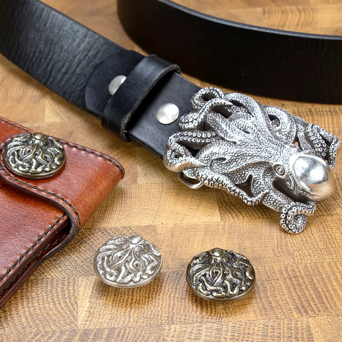 Octopus Trophy Buckle on a Black Belt.
