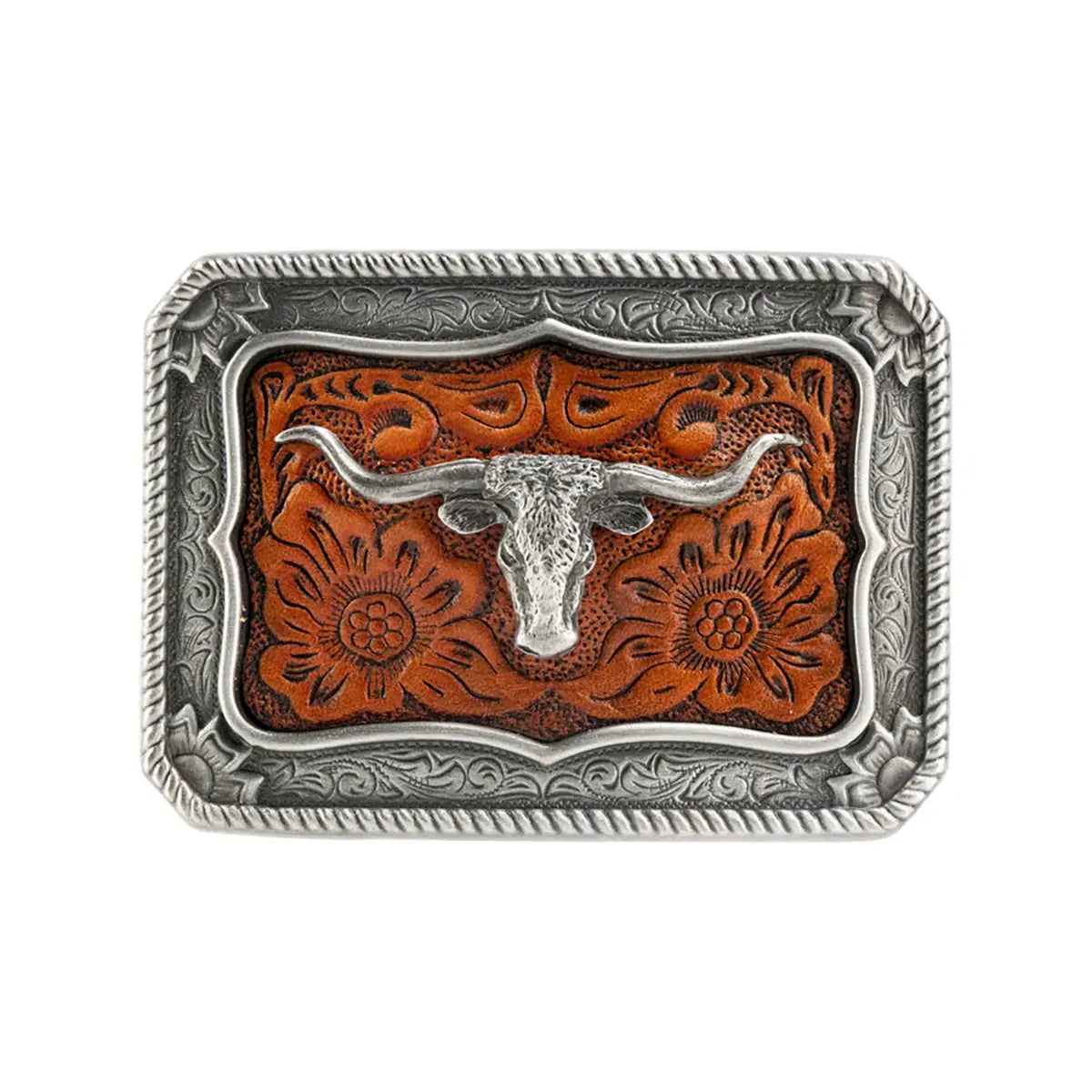 Steer Head Tooled Leather Trophy Buckle.
