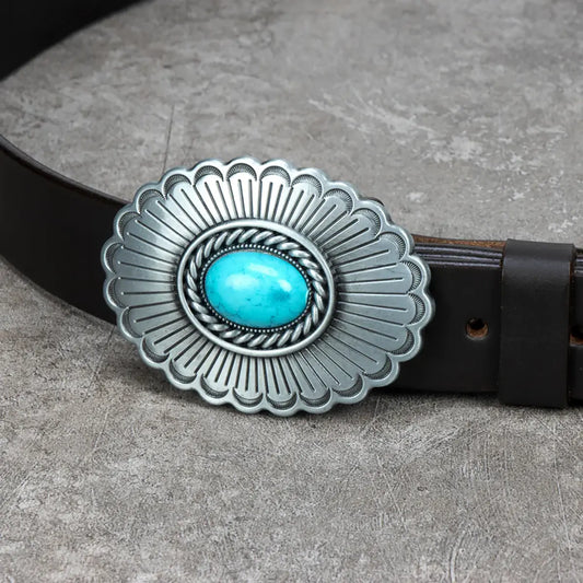 Turquoise Stone Scalloped Oval Trophy Buckle.